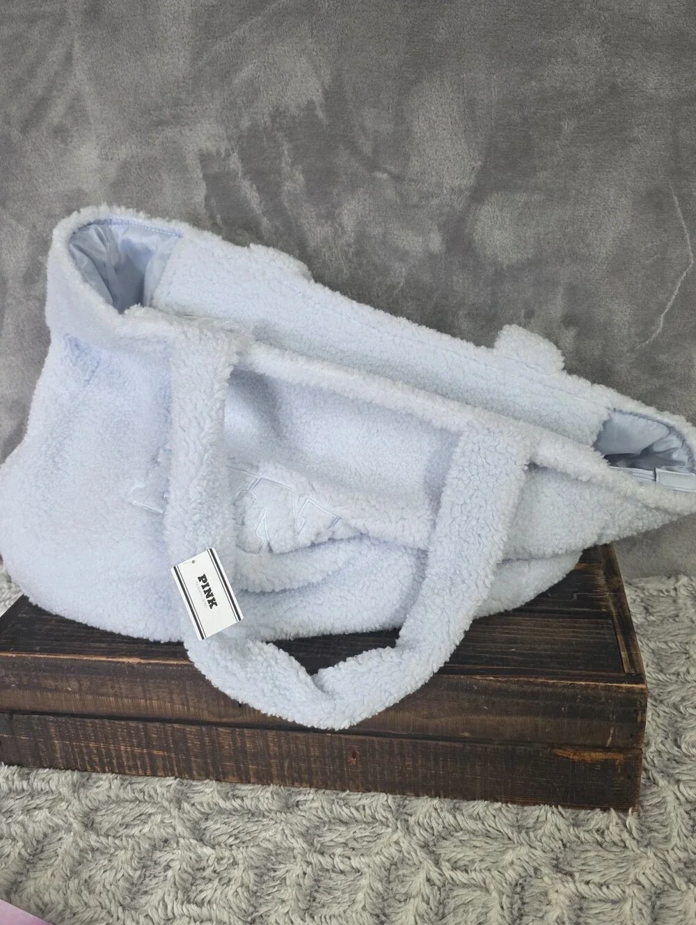 Victoria's Secret PINK Large & Roomy Fuzzy Sherpa Sky Blue Bag